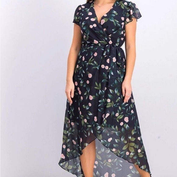 Julia Jordan Women's Floral-Print Ruffle Faux Wrap Dress Navy size 10. - Picture 2 of 13